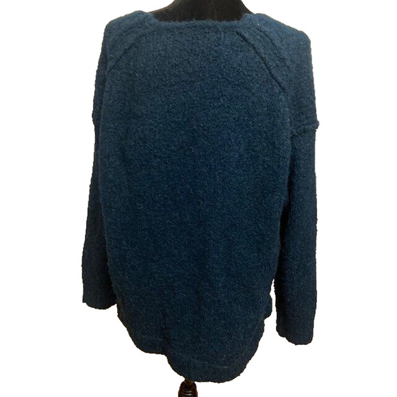 Free People Chunky Teal Pullover V Neck Alpaca Sweater Tunic Womens Large - Picture 2 of 5